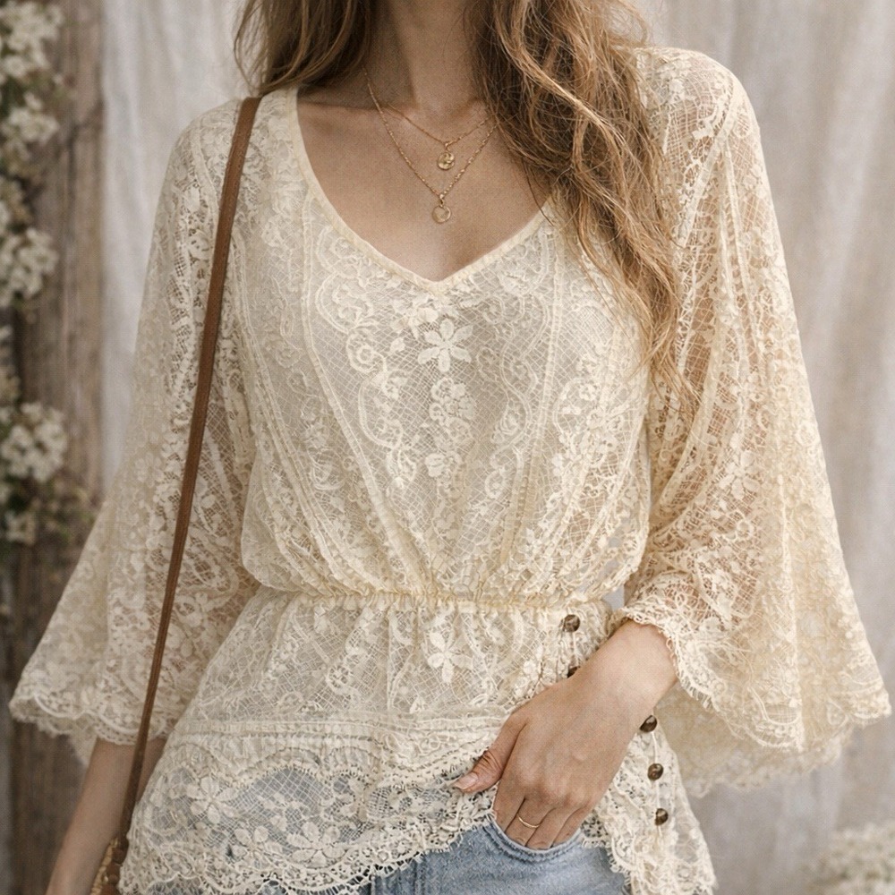 Boho Lace Sheer Blouse Top Sz M Ivory Batwing Sleeves Romantic Festival Cottage